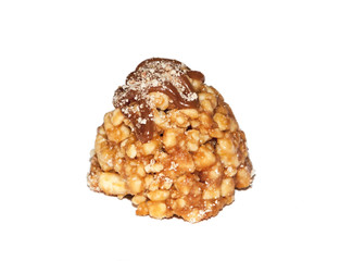 cake with caramel and shugar powder isolated on white background