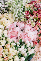 Very nice and tender fresh blossoming flowers at the florist shop: white tulips, pink ranunculus, roses