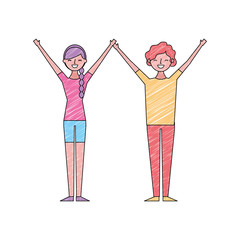 couple of young raised arms people characters vector illustration drawing color design