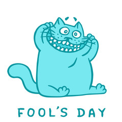 Cartoon cat makes crazy face. Fool's day. Vector Illustration