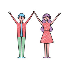 couple of young raised arms people characters vector illustration drawing color design