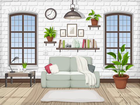 Vector loft living room interior with a white brick wall and big windows.