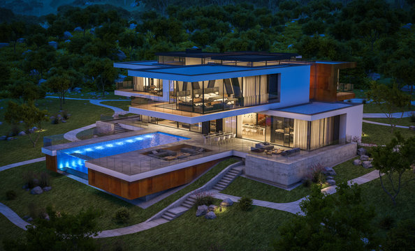 3d rendering of modern house by the river at night