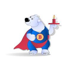 Bear trader and bear candle. Cryptography, illustration of financial technologies, strategy of the game on the exchange crypto-currency.