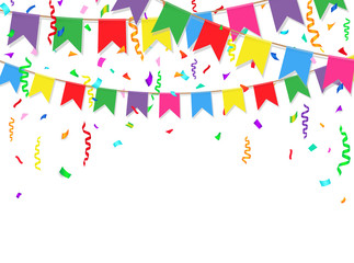 Party background with colorful flags and confetti. Party flags on white background. Vector illustration