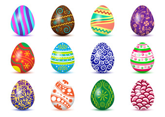 Colorful collection of Easter eggs with colored shadow, isolated on white background. Vector illustration