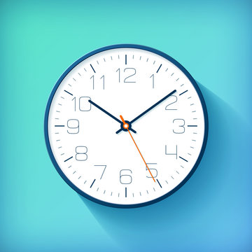 Realistic simple Clock in flat style with numbers, watch on blue and green background. Business illustration for you presentation. Vector design object