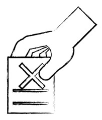 sketch of hand with votation paper with cross icon over white background, vector illustration