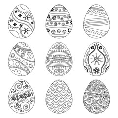 Collection of Easter eggs. Black outline design. Vector illustration
