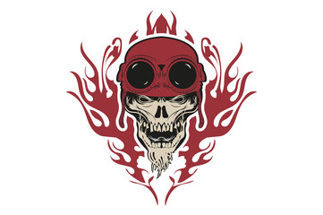 skull in helmet and glasses in fire.