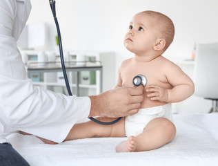 Doctor examining cute baby in clinic