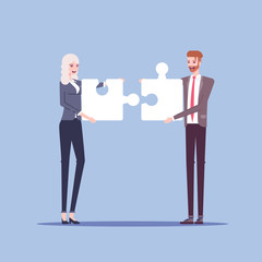 Businessman and businesswoman characters connect piece of jigsaw puzzle flat illustration. Man and woman in formal wear collects pieces of puzzle together. Business concept cooperation and integration