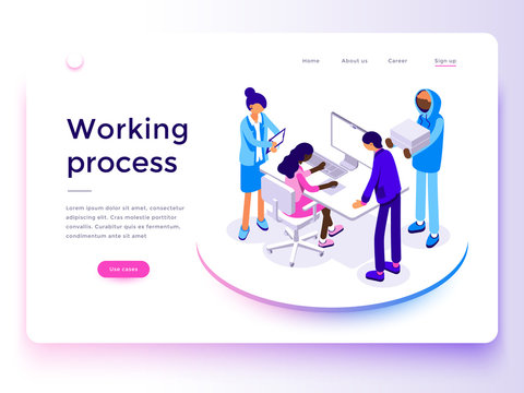 People work in a team and achieve the goal. Business processes and office situations. Landing page template. 3d vector isometric illustration.
