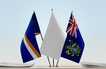 Flags of Marshall Islands and Pitcairn Islands with a white flag in the middle