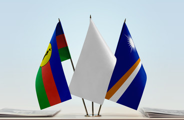 Flags of New Caledonia and Marshall Islands with a white flag in the middle