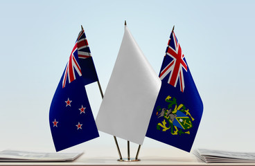 Flags of New Zealand and Pitcairn Islands with a white flag in the middle