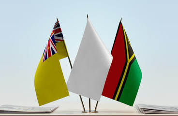 Flags of Niue and Vanuatu with a white flag in the middle