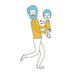 caricature color sections and blue hair of full body bearded man carrying a child vector illustration