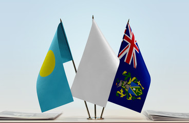 Flags of Palau and Pitcairn Islands with a white flag in the middle