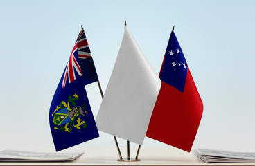 Flags of Pitcairn Islands and Samoa with a white flag in the middle