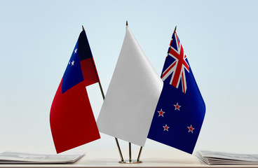 Flags of Samoa and New Zealand with a white flag in the middle