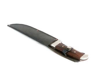 knife with leather casing on white background. Thai local pocket knife.