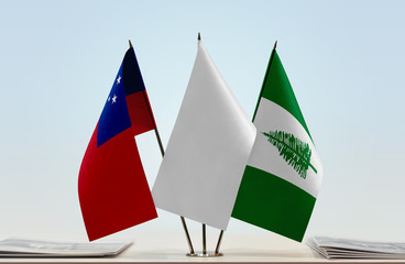 Flags of Samoa and Norfolk Island with a white flag in the middle