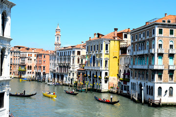 Architecture and Architectural Features in and around Venice, Italy including scenes on The Grand Canal, featuring gondolas.