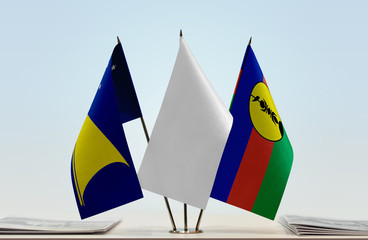 Flags of American Samoa and New Caledonia with a white flag in the middle