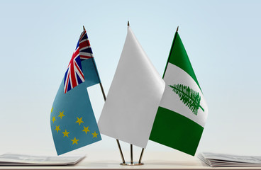 Flags of Tuvalu and Norfolk Island with a white flag in the middle