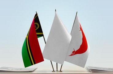 Flags of Vanuatu and Easter Island with a white flag in the middle