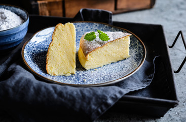 Delicious Japanese cheesecake with powdered sugar icing