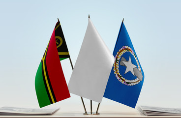 Flags of Vanuatu and Northern Mariana Islands with a white flag in the middle