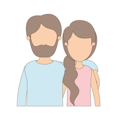 light color caricature faceless half body couple woman with ponytail side hair and bearded man vector illustration
