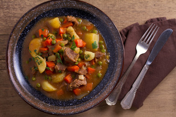 Traditional Irish lamb stew. Nutritious savory dish, popular in Ireland. View from above, top