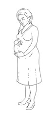 Vector illustration of a young pregnant woman. Girl stroking her stomach.