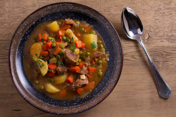 Traditional Irish lamb stew. Nutritious savory dish, popular in Ireland. View from above, top