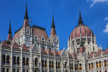 Fototapeta na wymiar Famous Hungarian Parliament Building (or House of Nation, 1896) - one of Europe's oldest legislative buildings, is world's third largest Parliament building and popular tourist destination of Budapest