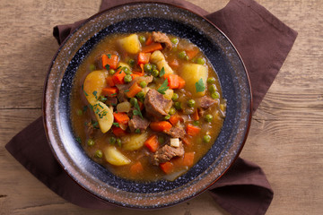 Traditional Irish lamb stew. Nutritious savory dish, popular in Ireland. View from above, top