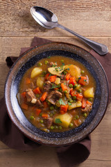 Traditional Irish lamb stew. Nutritious savory dish, popular in Ireland. View from above, top