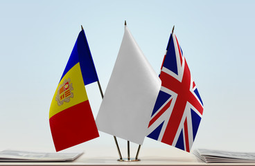 Flags of Andorra and Great Britain with a white flag in the middle