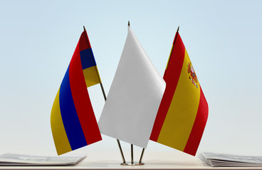 Flags of Armenia and Spain with a white flag in the middle