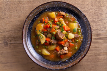 Traditional Irish lamb stew. Nutritious savory dish, popular in Ireland. View from above, top