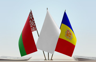Flags of Belarus and Andorra with a white flag in the middle