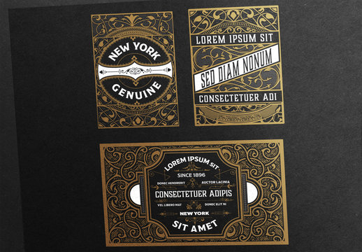 3 Intricate Vintage Labels with Black and Tan Accents