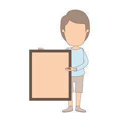 light color caricature faceless full body man holding a square poster vector illustration
