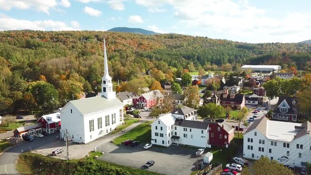 A beautiful aerial over Stowe Vermont perfectly captures small town America or New England beauty.