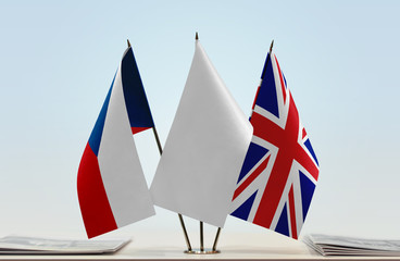 Flags of Czech Republic and Great Britain with a white flag in the middle