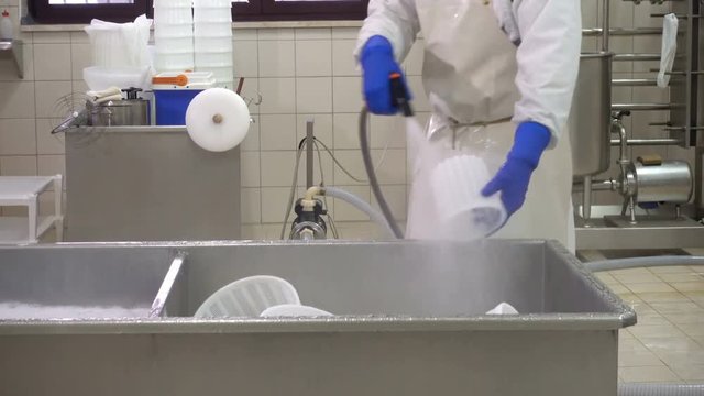 Diary cheese factory - washing cheese plastic shape