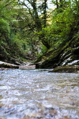 Mountain stream is washed by sharp rocks of the mountain